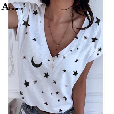 Fashion Spring Star Print Blouses Short Sleeved V-Neck T Shirts Casual