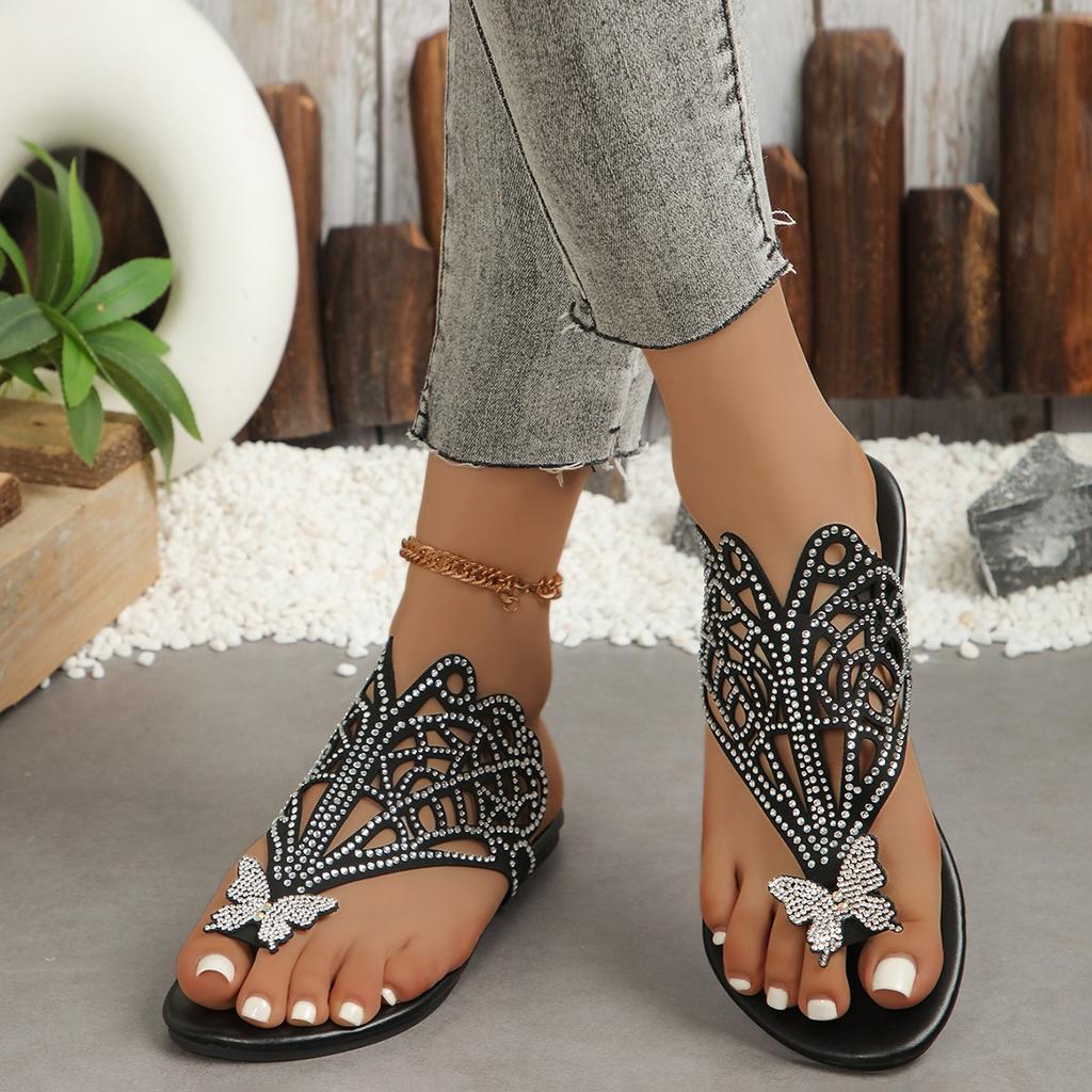 Women's Rhinestone & Butterfly Decor Slide Sandals Casual Clip Toe Flat Summer Shoes Lightweight Hollow Out Design Slide Sandals