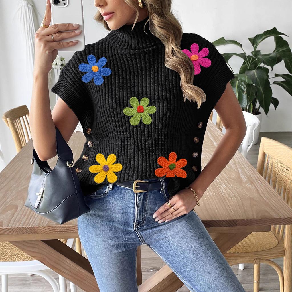Women's Spring and Autumn New Style Vest High-neck Casual Pullover Sweater Vest Button Decorative Top