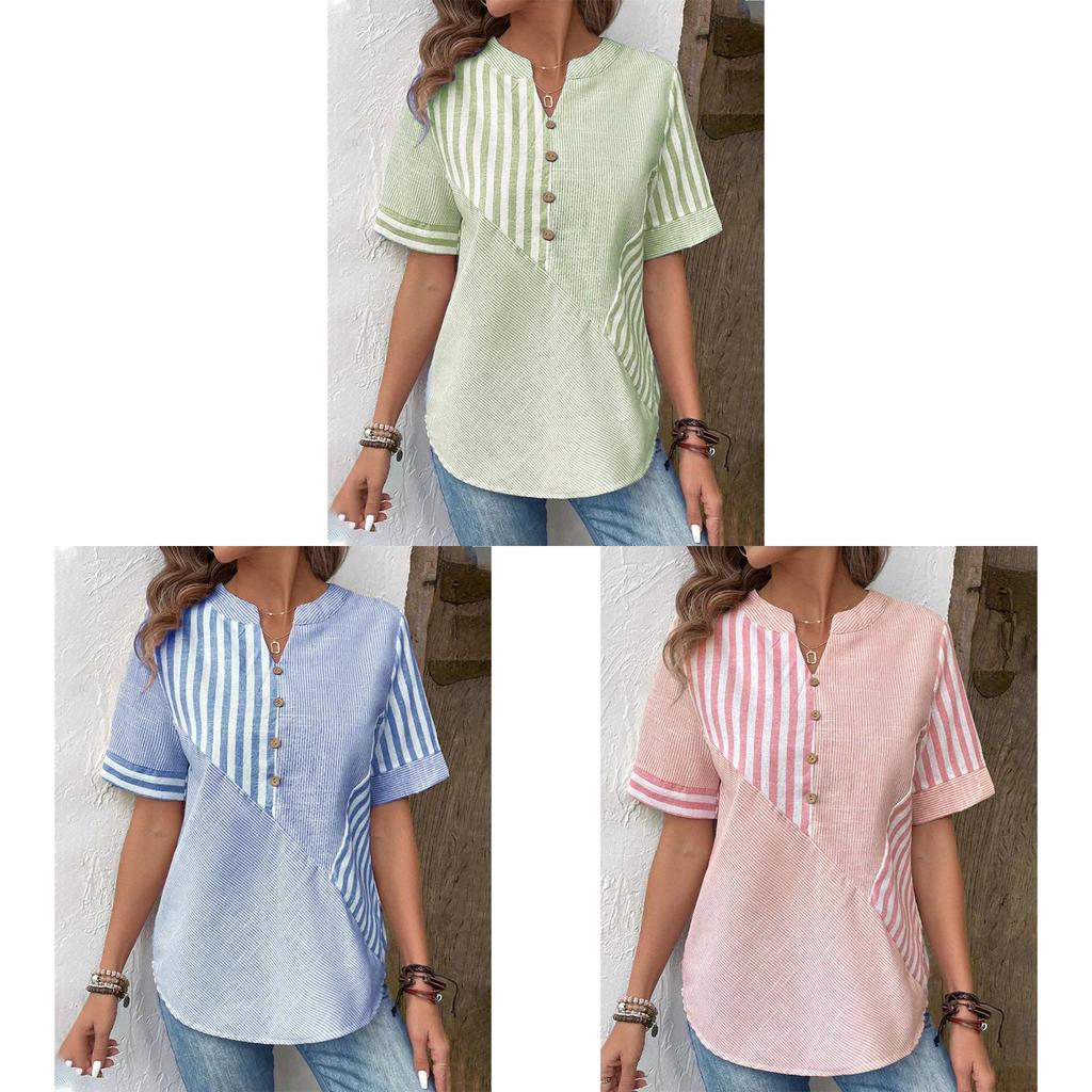 Women Cotton Linen Asymmetrical Striped Shirt With Vneck For Casual Office Wear