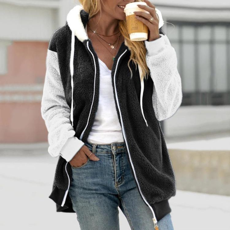 

Женская свободная куртка-пальто на молнии с капюшоном, разноцветная, большого размера, с вставками, плюшевая куртка S чёрный