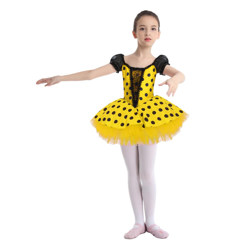 Girls Ballet Tutu Dress Short Puff Sleeve Shiny Sequins Color Block Dots Performance Costume for Recitals
