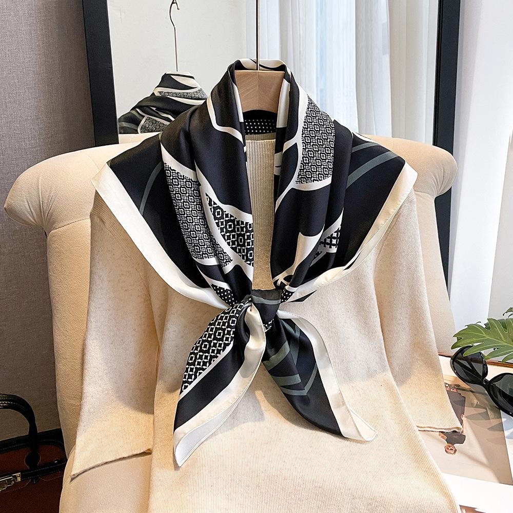 Big Flower Diagonal Silk Pattern Large Square Scarf 90 Fashion Retro Printing Imitation Silk Shawl Scarf Headscarf Women