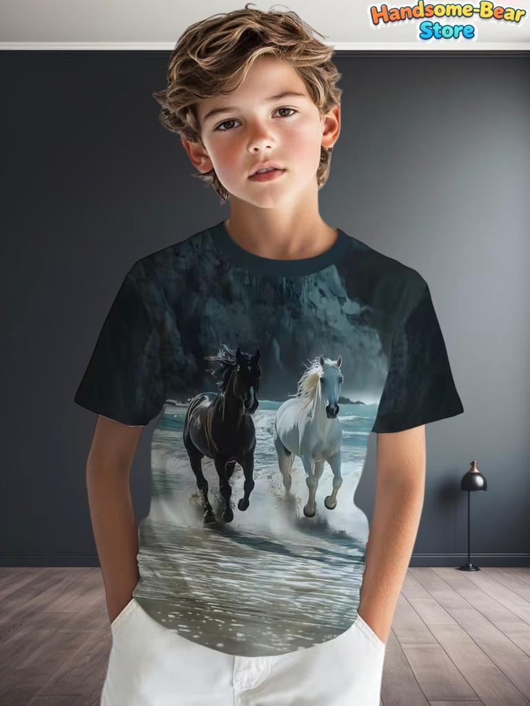 Children's Clothing Boys T-Shirt 3D Horse Print Short Sleeve Fashion Kids Summer Clothes Casual Child Girls Clothing O-Neck Tops