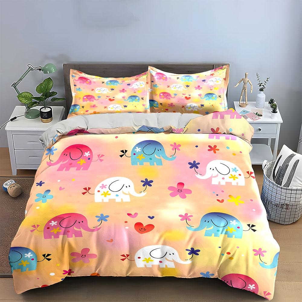 Colorful Elephant Pattern Decor Set Bedding Set with 1 Duvet Cover 2 Pillowcases Single Double King Queen Gift