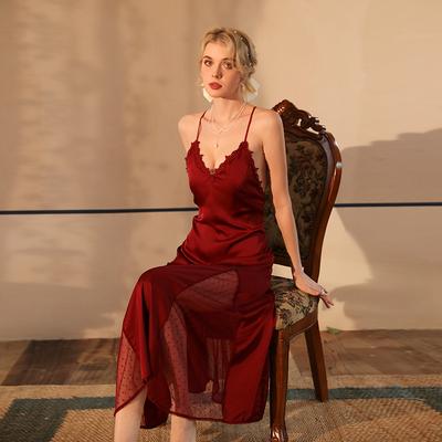 French Style Ice Silk Satin Nightgown Sheer Lace Backless Long Cami Pajamas Women's Loungewear Elegant Luxurious Sleepwear for Bridal Honeymoon Use