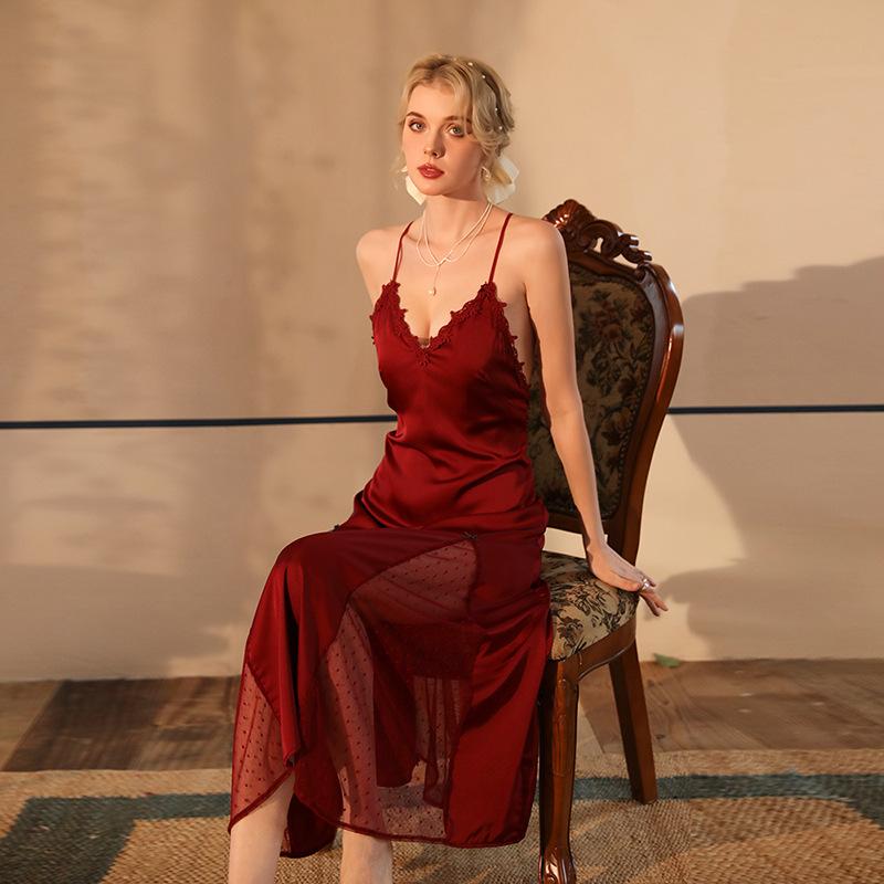 French Style Ice Silk Satin Nightgown Sheer Lace Backless Long Cami Pajamas Women's Loungewear Elegant Luxurious Sleepwear for Bridal Honeymoon Use