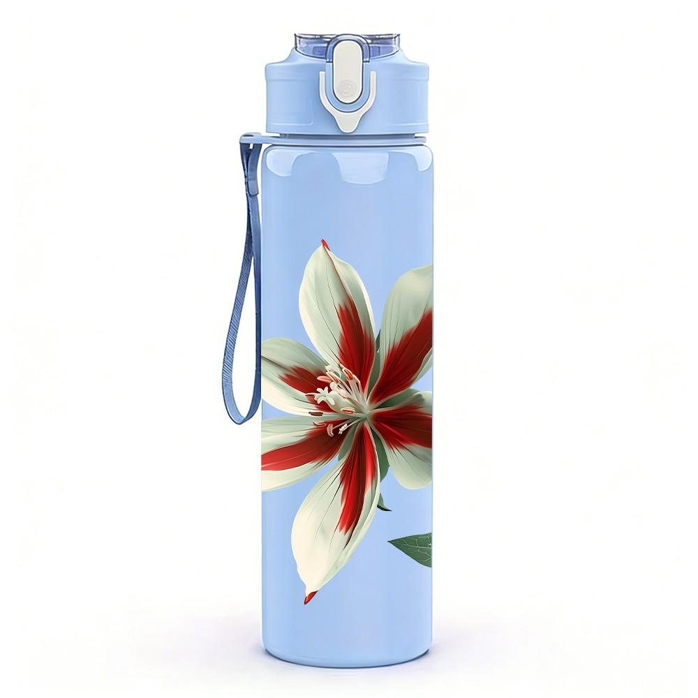 1PC Red White Lily Single Flower Print 750ml Color Plastic Sports Water Bottle Leakproof Flip Straw Lid Suitable for Sports Office Home Use