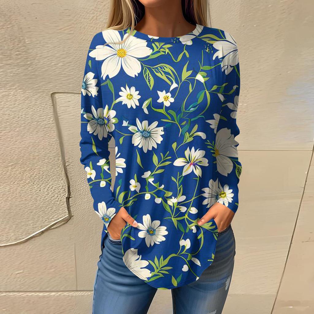 Women's Fashion Casual Round Neck Floral Long Sleeve T-shirt Pullover Long Sleeve Top