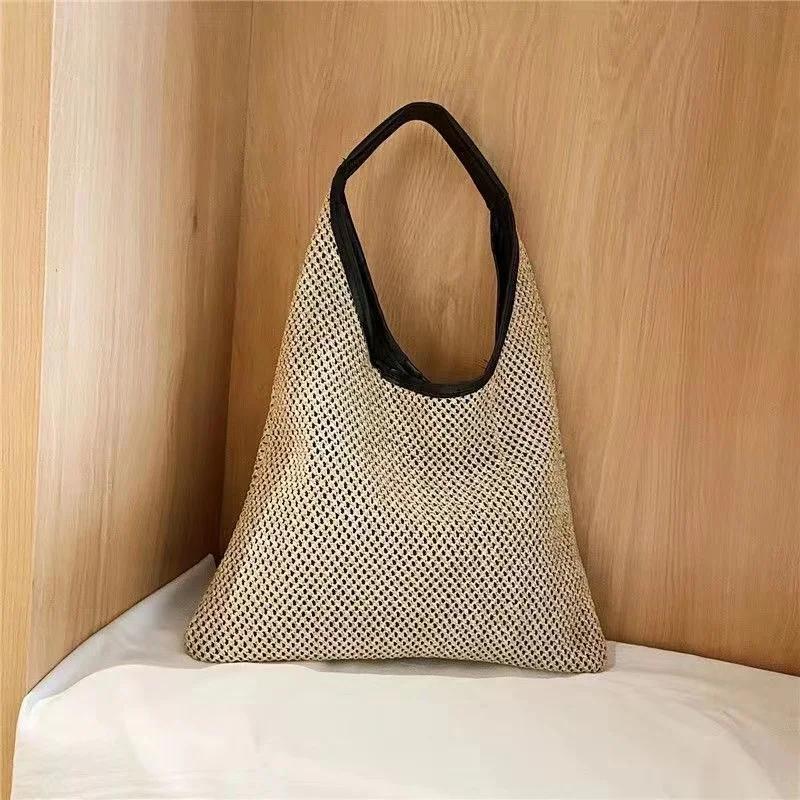 

Summer Beautiful Weaving Cream Handbags Large Capacity Simple Style Shopping Bags Fashion Knit Women s Shoulder Bags