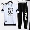 2Pcs/Set Men Casual Sportwear O-Neck Short Sleeve Bear Pattern T-shirt Elastic Waist Sweatpants Set Loose Fit Sports Wear