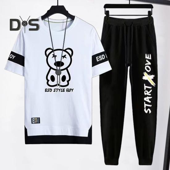 2Pcs/Set Men Casual Sportwear O-Neck Short Sleeve Bear Pattern T-shirt Elastic Waist Sweatpants Set Loose Fit Sports Wear