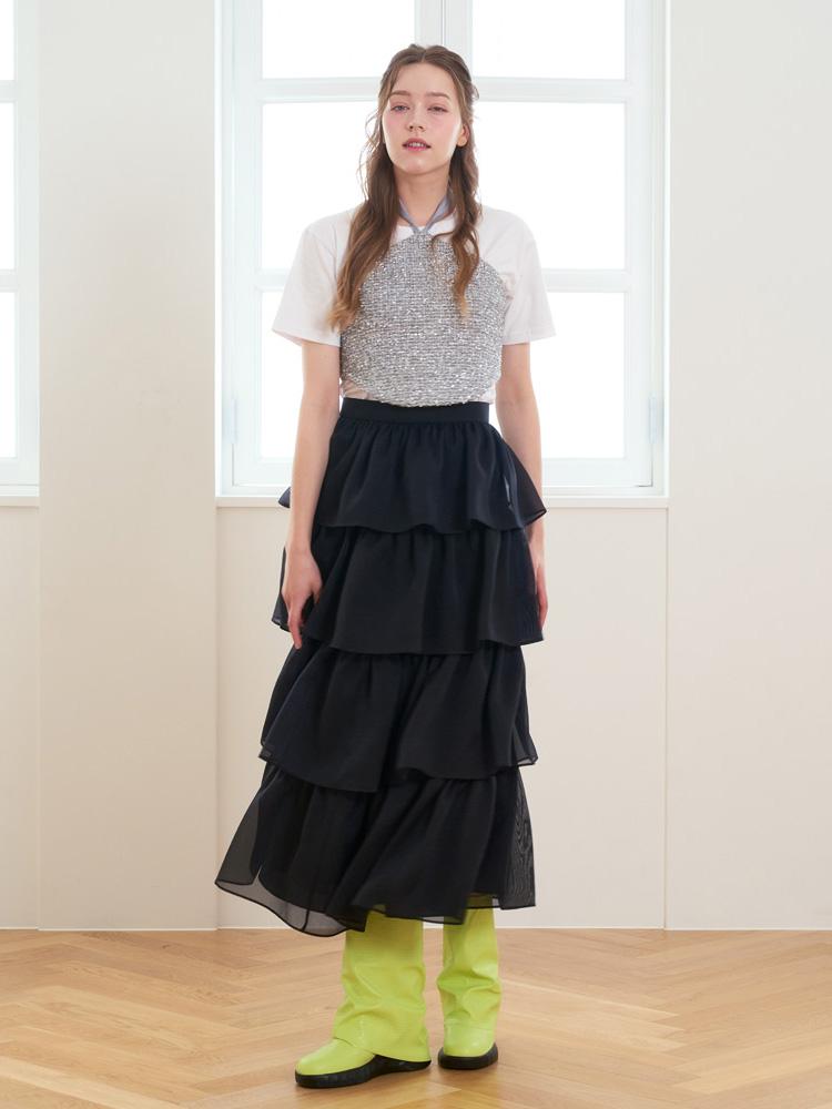 L By L Black Organza Layered Voluminous Long Skirt