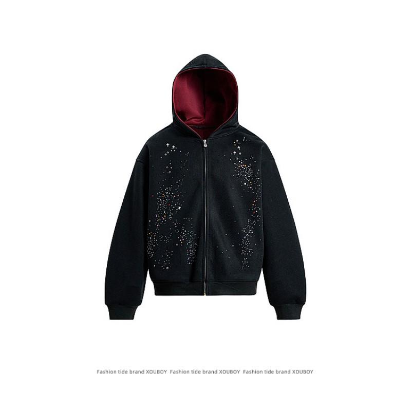 Unisex Oversized Hooded Zip-Up Sweatshirt With Rhinestone Embellishment Cotton Blend Casual Wear