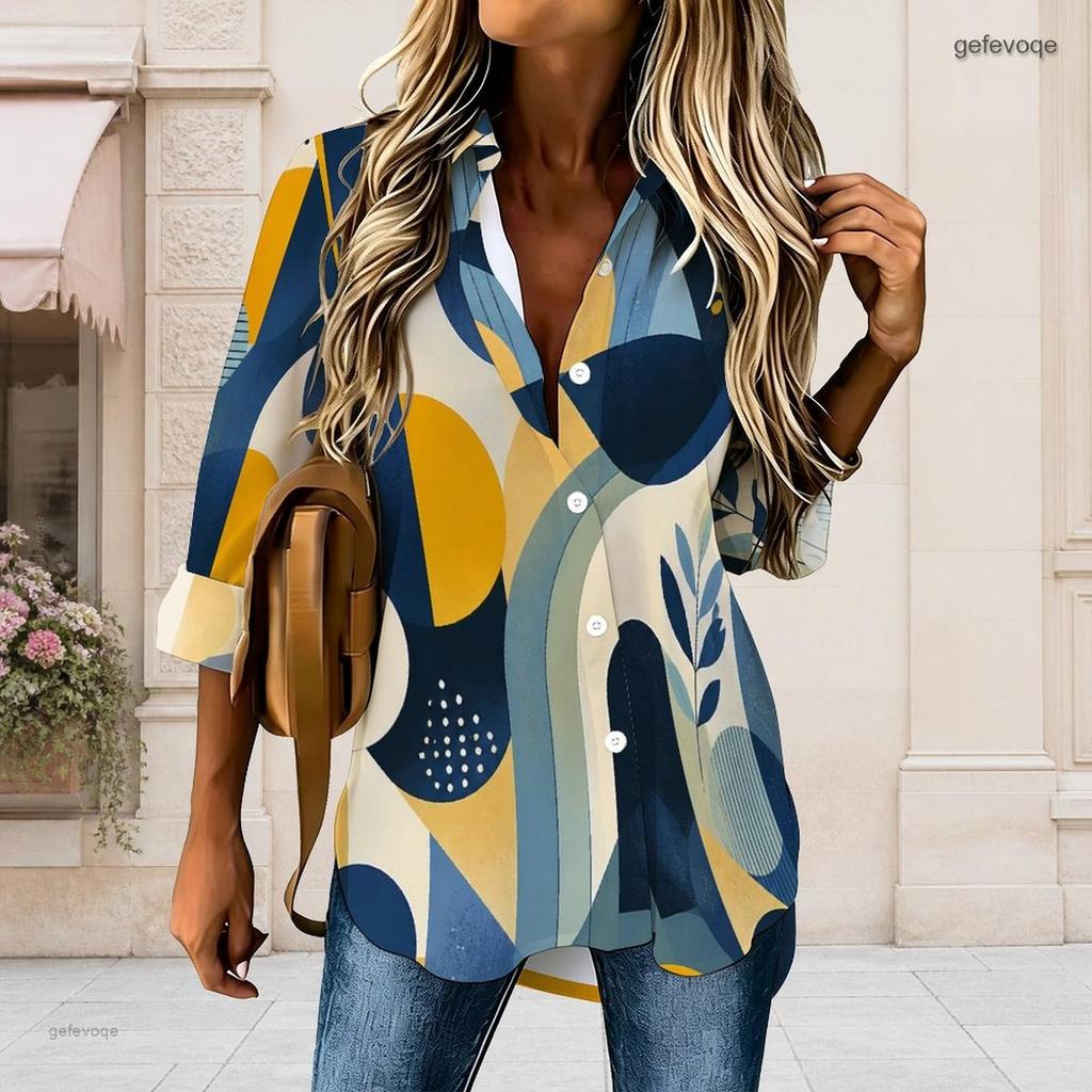 Women Plus Size Geometric Printed Collared Long Sleeve Button Front High Low Curved Hem Shirt
