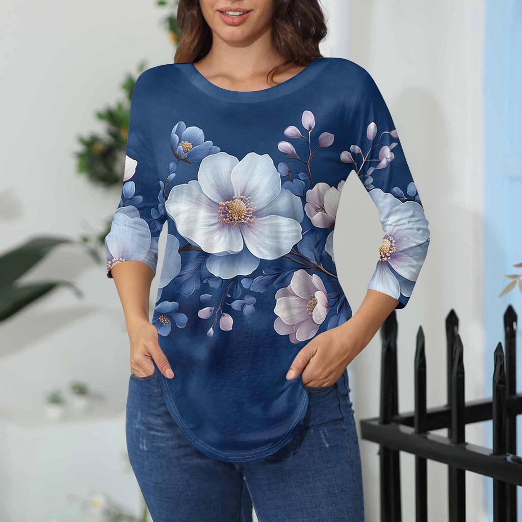 Damen-T-Shirts, 3/4-Ärmel, einfarbig, Pullover, Sommer, Frühling, Tops, Blusen