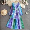 High sense celebrity temperament lantern long sleeve V neck waist thin a word gradual change color dress elegant big swing dress