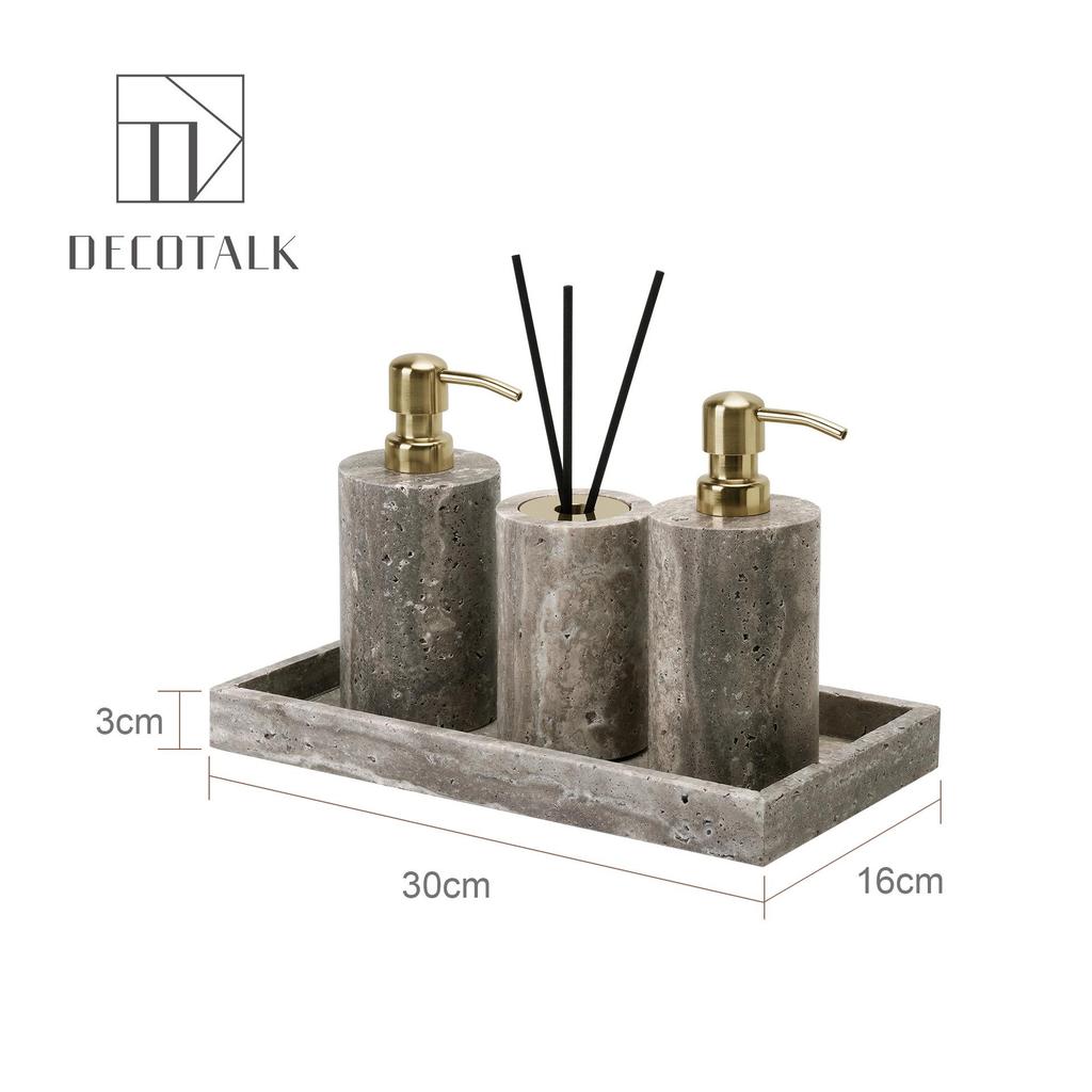 Set da Bagno Travertino Grigio Argento Wabi-Sabi: Vassoio e Decorazione per Lavabo.