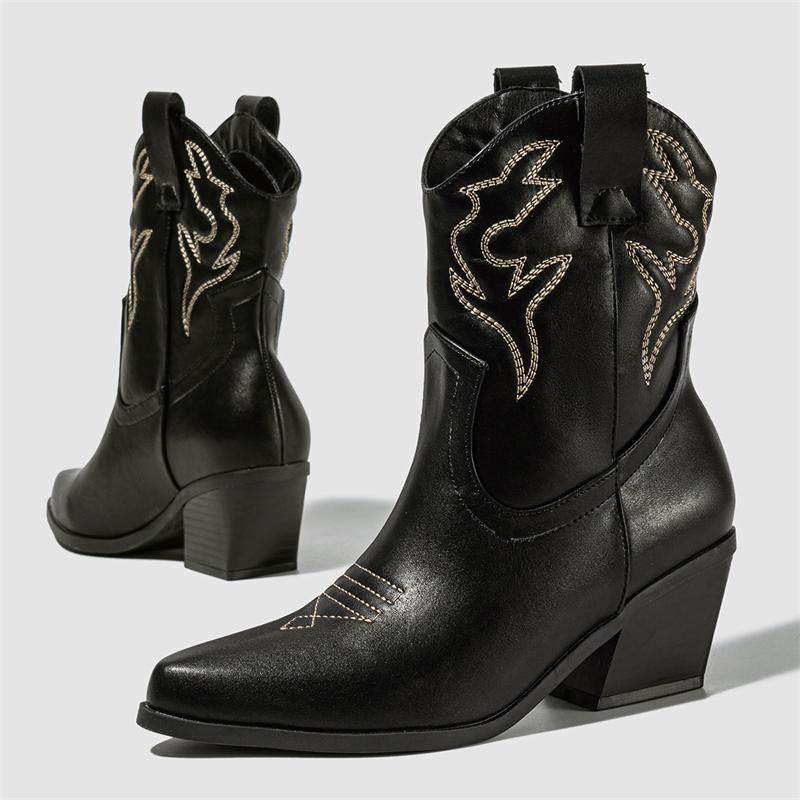 Eilyken Nuevo Diseño Bordado Punta Fina Botines de Tobillo para Mujer Estilo Punk Tacón Bajo Cuadrado Botines Cortos Estilo Occidental Zapatos