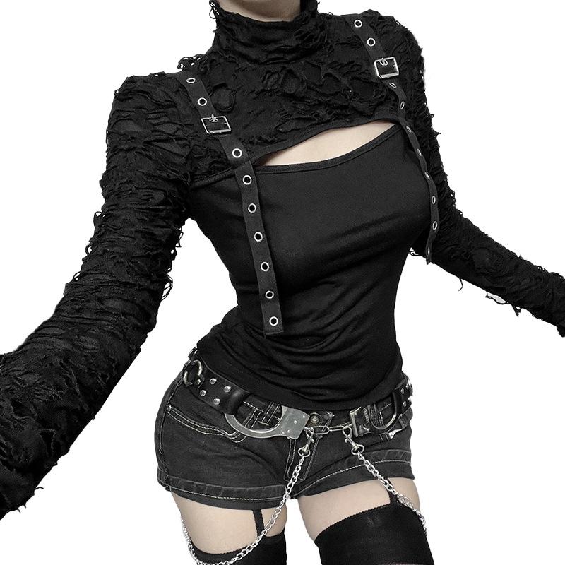 AltGoth Streetwear Gothic T-shirt Women Y2k E-girl Cyber Punk Hole Sleeve Patchwork Hollow Out Long Sleeve Crop Tee Tops Femme