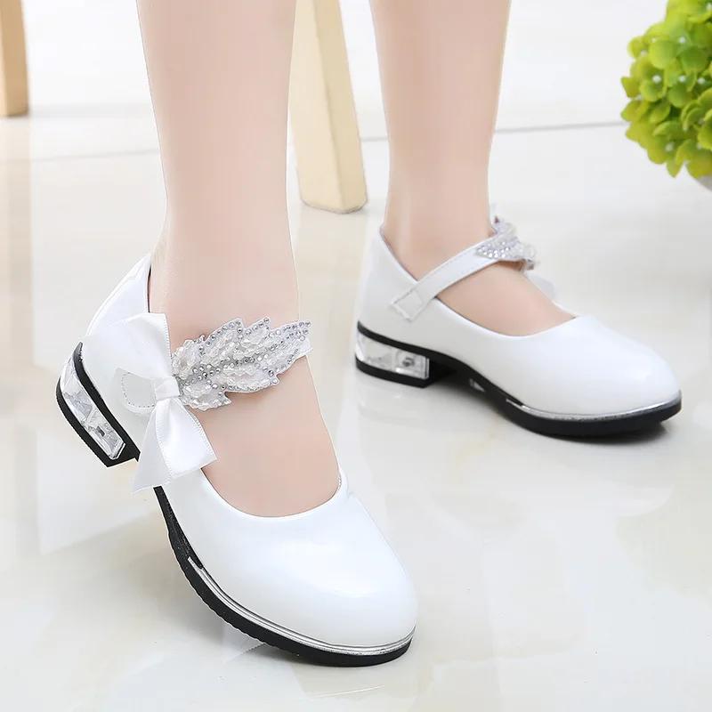 Kids Princess Shoes Solid Color Formal Versatile Girls Leather Shoes with Sweet Bow New Children Dance Dress Shoe for Party