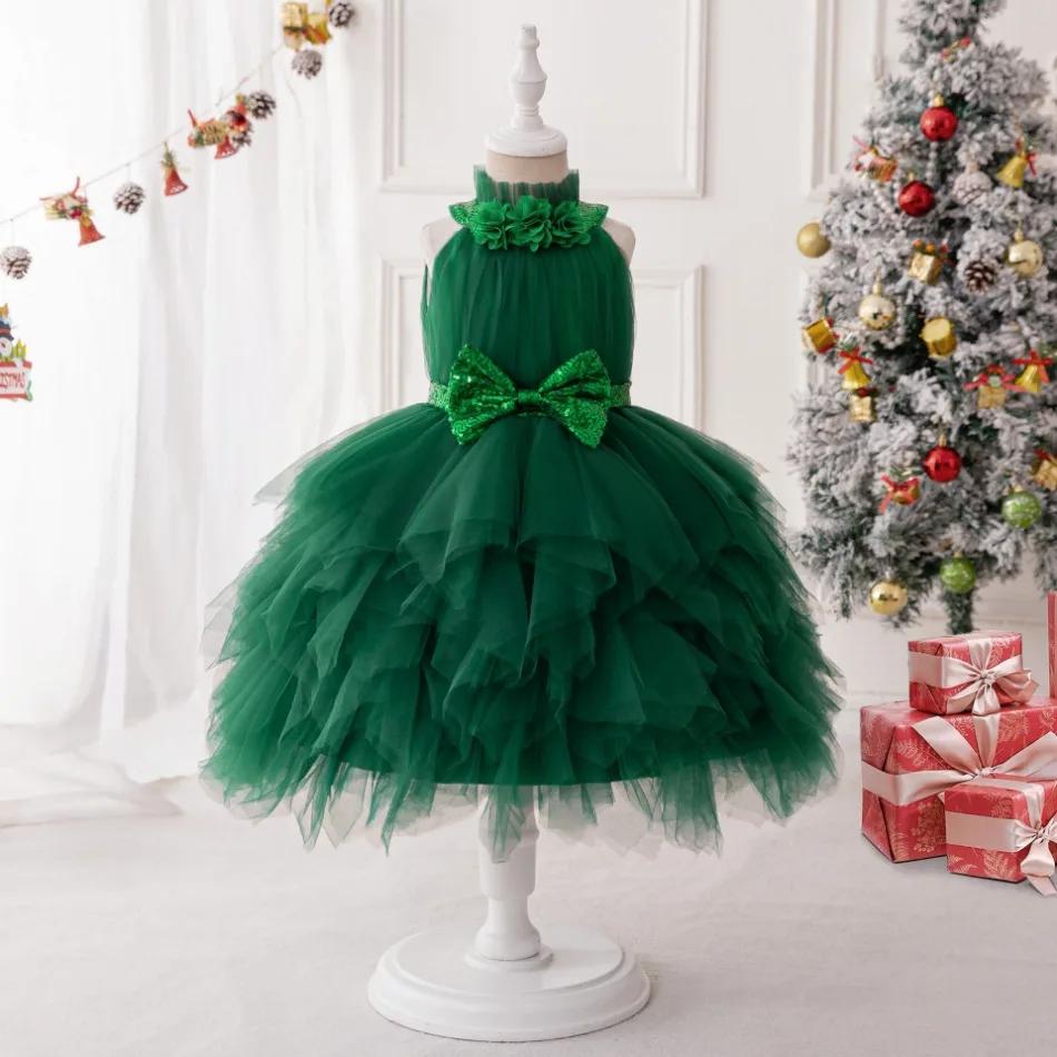 Children Christmas Dress Luxury Girl Christmas Outfits Sleeveless Mesh Bow Tutu Fashions Green Elegant Festive Party Princess Dress