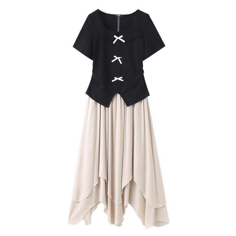 

Новое летнее платье для женщин размера плюс, состоящее из футболки с короткими рукавами и квадратным вырезом и юбки неправильной формы, создающее свежий и легкий образ 6XL