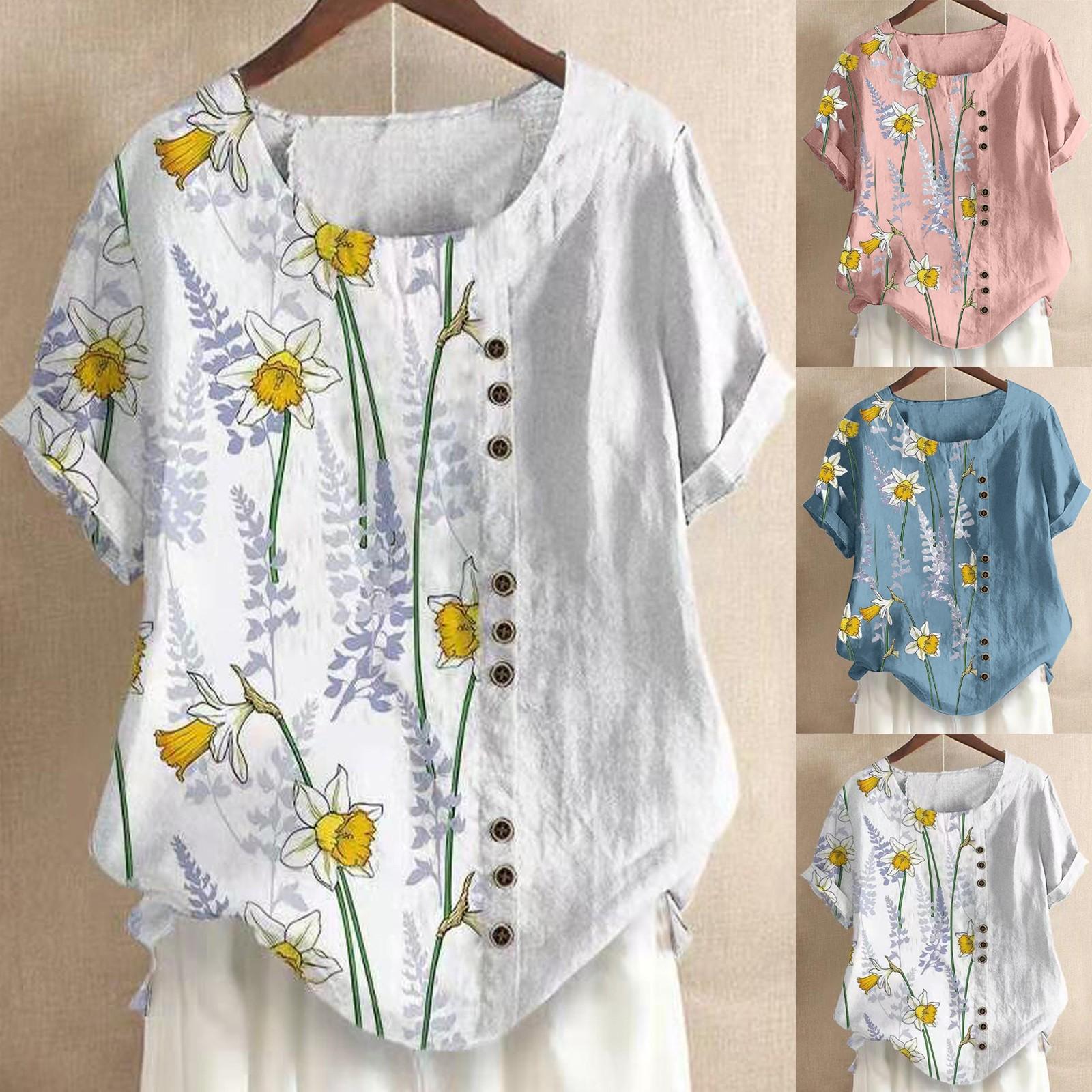 

Женские летние повседневные свободные рубашки с круглым вырезом и короткими рукавами с цветочным принтом, топы