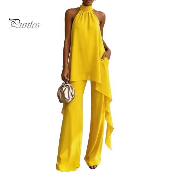 Completo da Donna Set da Casa da Donna, Completi in Chiffon da Donna a 2 Pezzi, Top Asimmetrici con Scollo all'Americana Senza Maniche con Abbigliamento Traspirante Pantaloni a Gamba Larga Outfit Estivi, Casual