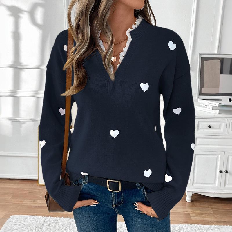 Women's V-Neck Heart Pattern Sweater - New for Autumn/Winter 2026, Casual Patchwork Long Sleeve Knit Top