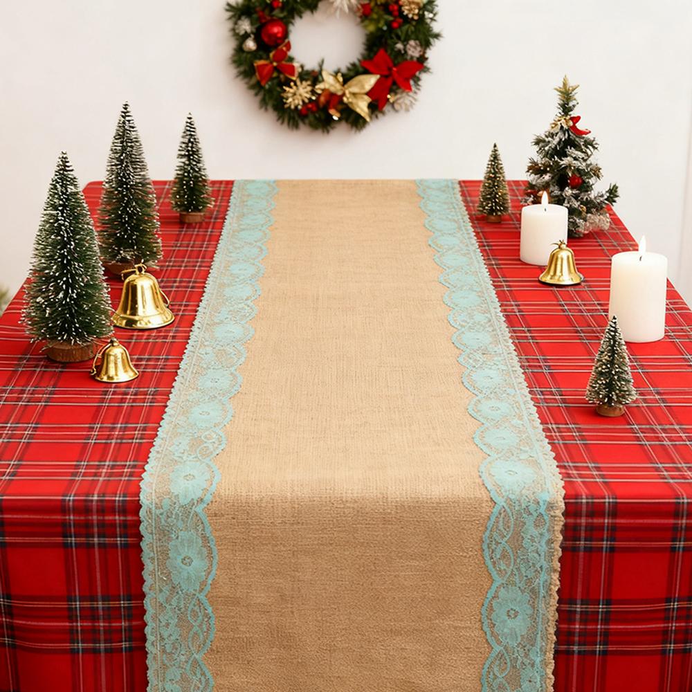 Natural Burlap Table Runner Jute Linen Lace Cloth for Dinning Room Restaurant Table Gadget Home Decortion 30x275cm/12x108inch