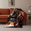 Battle-ready soldiers confronting gigantic, fiery humanoid figures. for all seasons blanket lunch break throw gift