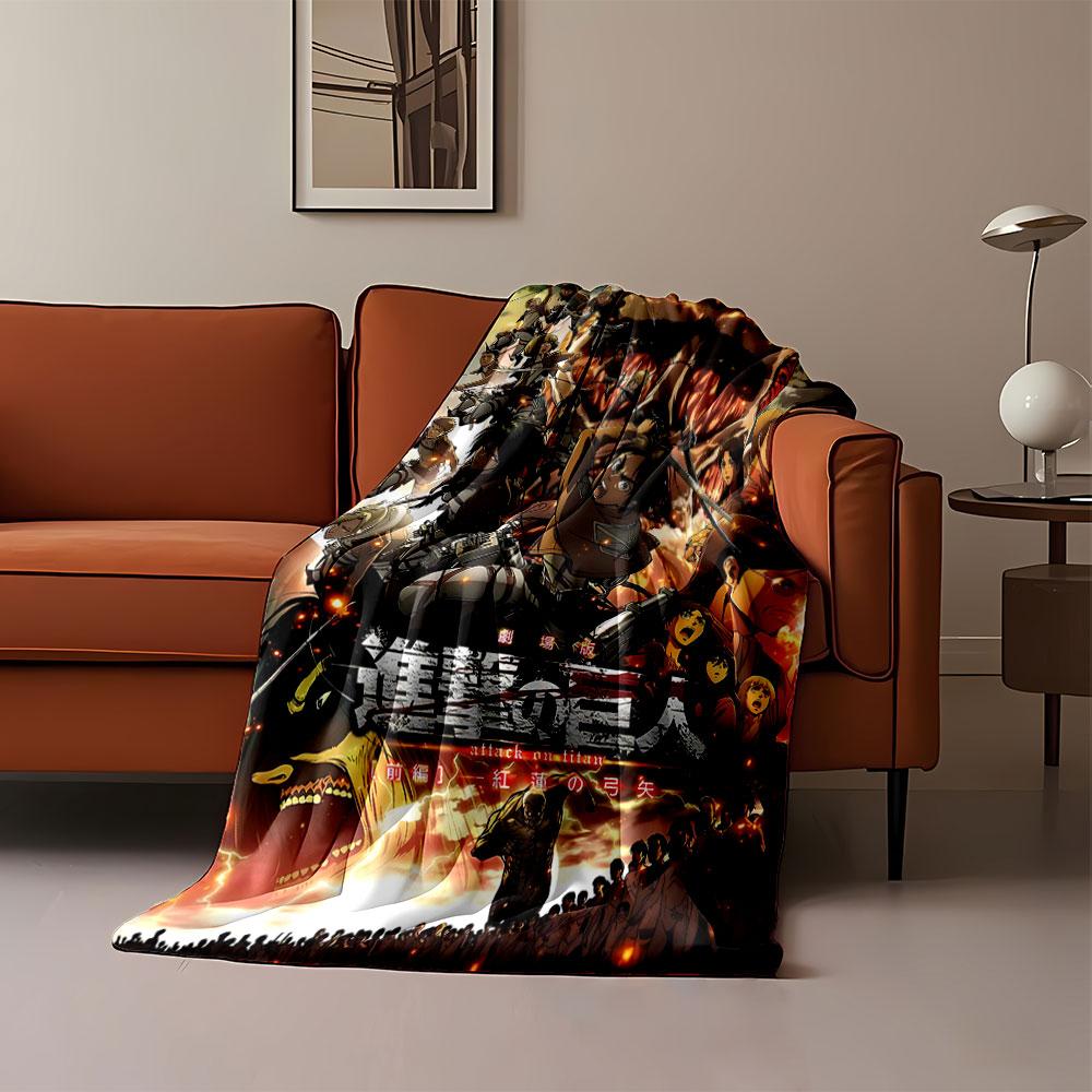 Battle-ready soldiers confronting gigantic, fiery humanoid figures. for all seasons blanket lunch break throw gift