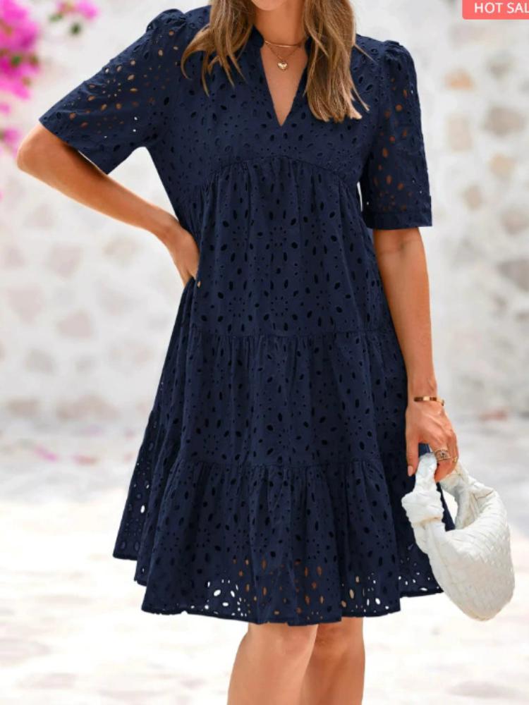 V-neck Short Sleeved Hollow Lace A-line Skirt Sweet Dress