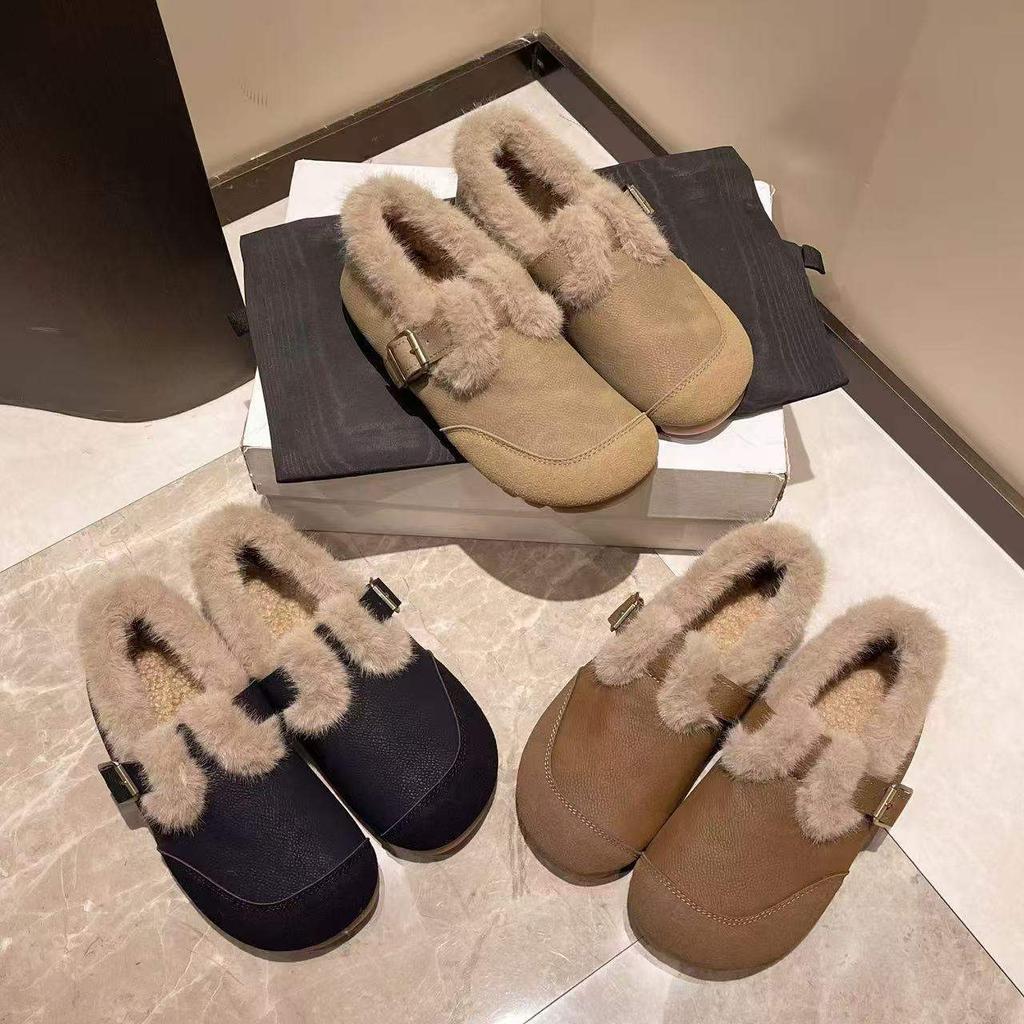 2025 Winter neue Retro Samt runde Zehen flacher Boden ein Pedal warme Beanie Schuhe Damen matt Birkenstock Baumwollschuhe Damen