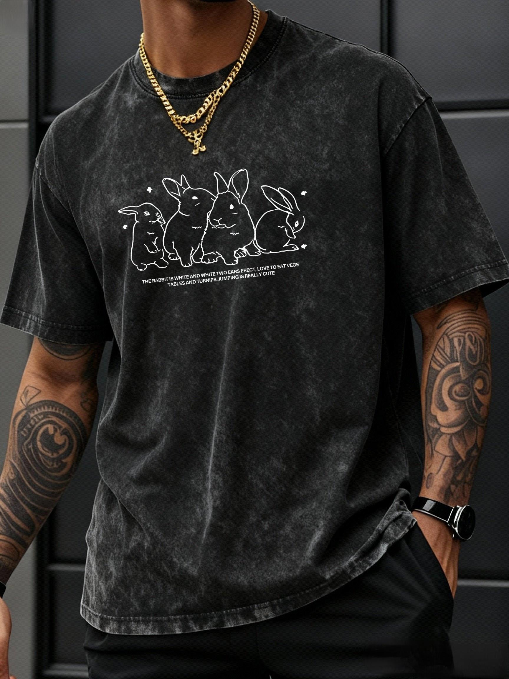 

Mens Summer Rabbit Letter Print Cotton Trendy Shortsleeved Tshirt Distressed Loose Retro Roundneck Outdoor Sports Shirt S