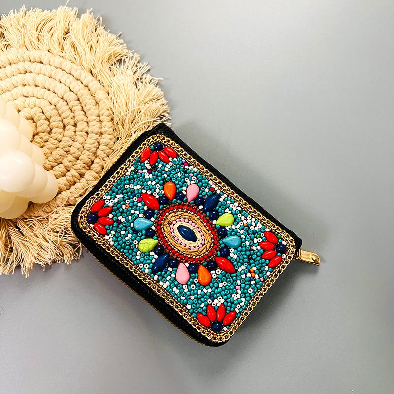 Ethnic Style Card Holder - Multi-layer Premium Hand-feel Vintage Delicate Beaded Zipper Pocket