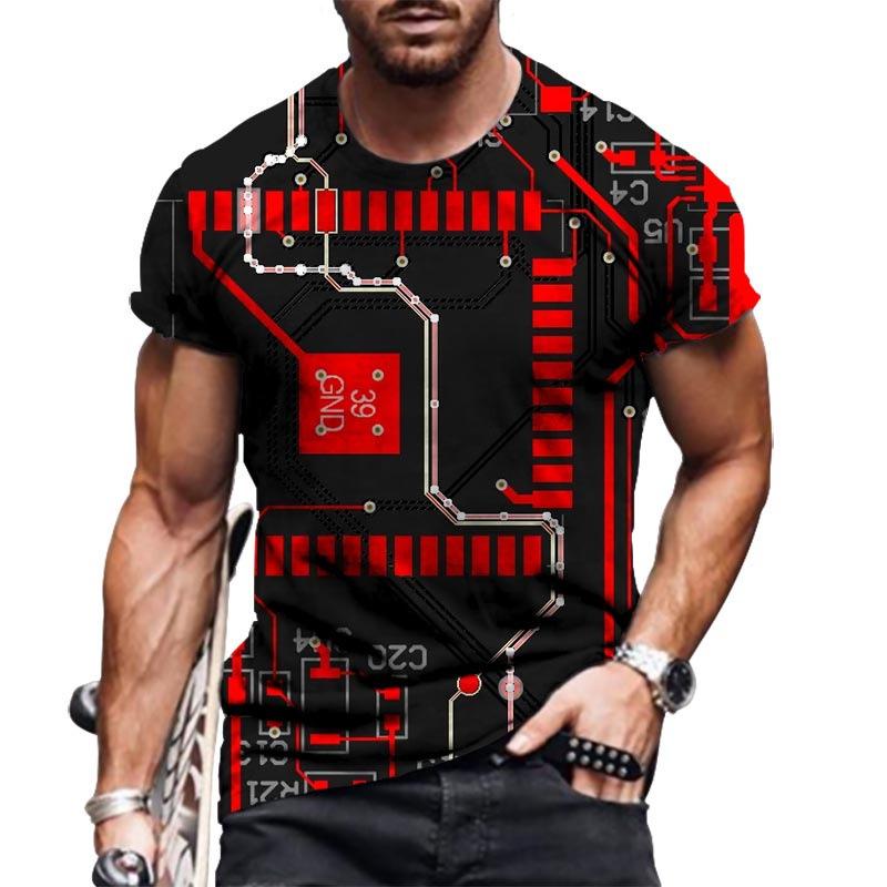 Summer Round Neck 3D Circuit Board Print T-shirts Fashionable Casual Short Sleeved Men's T-shirts