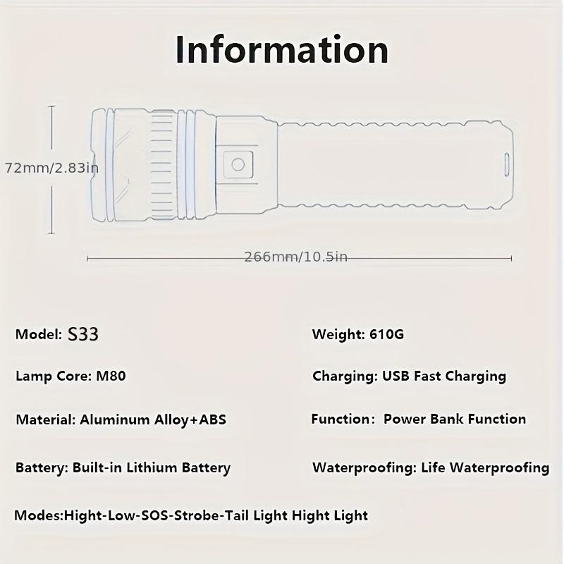 1 szt. Mocna latarka LED, latarka taktyczna, wbudowana bateria, prezent na Boże Narodzenie na kempingu na świeżym powietrzu