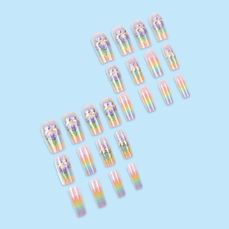 24 Pcs Flowers Stick on Nail Colorful Artificial Nail Long Square False Nail Glossy Press On Nail for Woman Girls