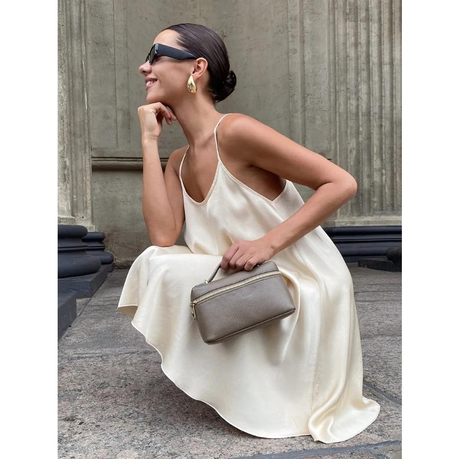 Bornladies 2026 Spring Summer New Dress Women Simple Strap Sexy Satin Backless Apricot Short Dress