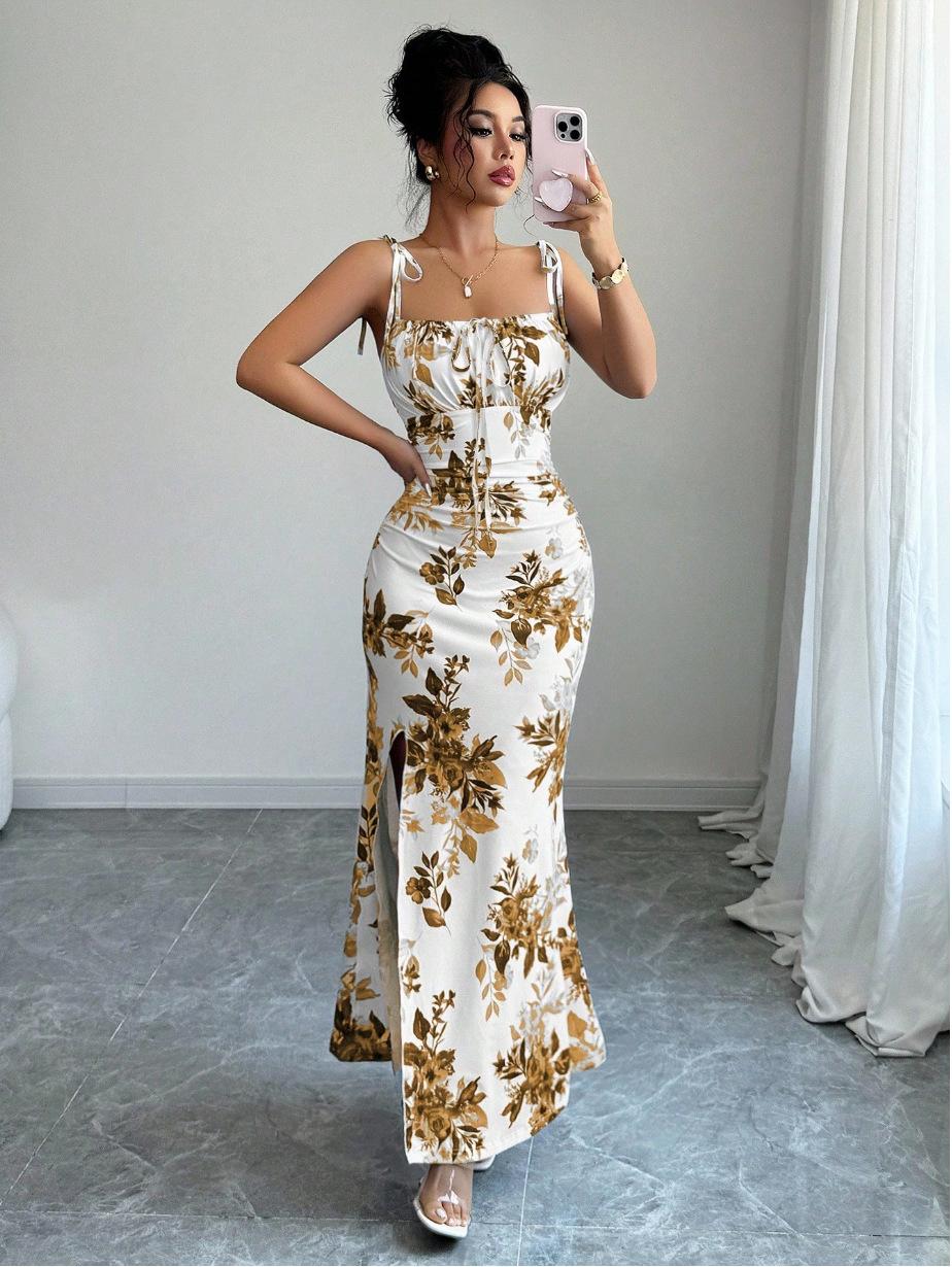 European and American women s new printed waist split suspender dress floral holiday wear women s spring and summer models S