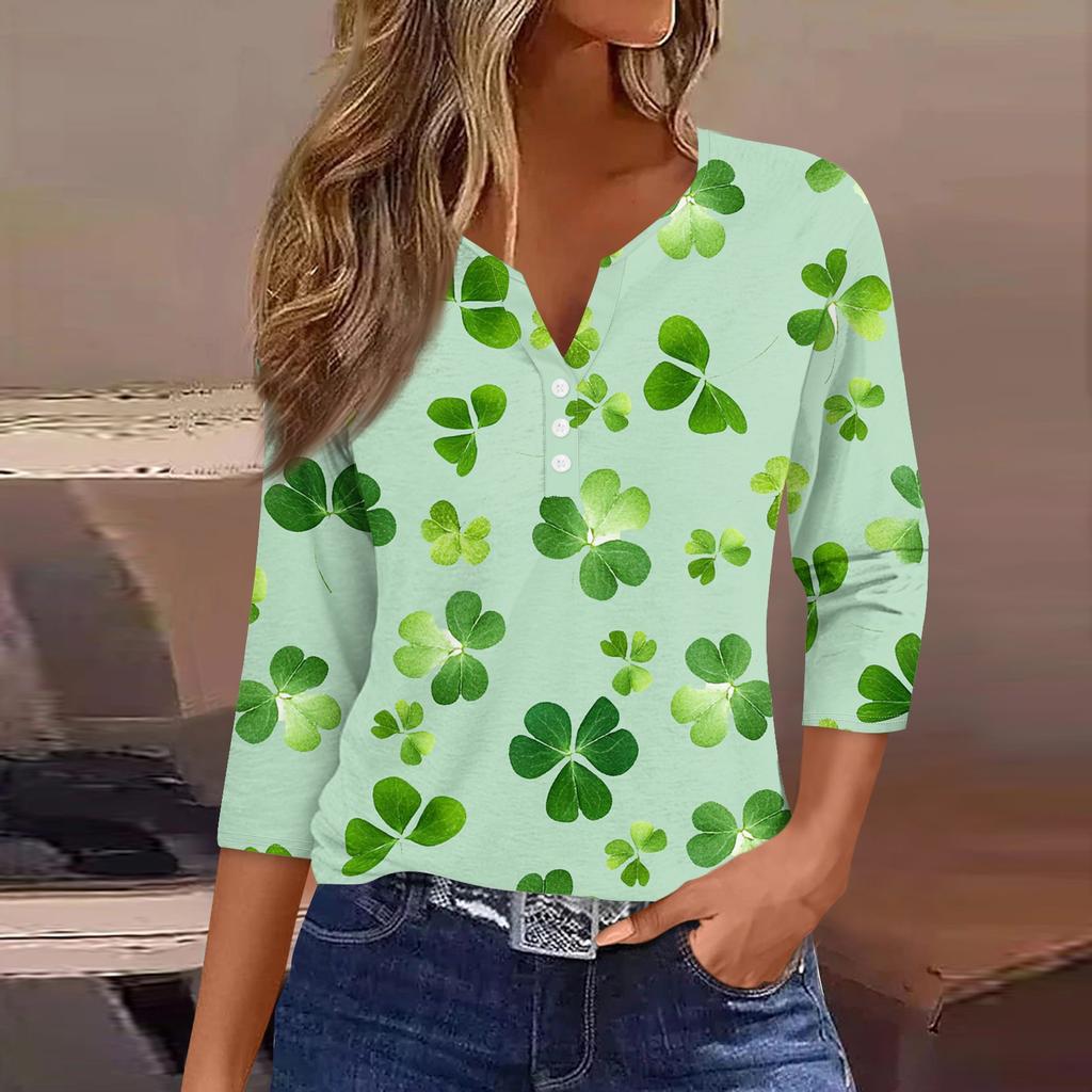 3/4-Ärmel-Shirts für Damen Niedliche Druck-Grafik-T-Shirts Blusen Lässige Blusen V-Ausschnitt Tunika-Tops St. Patrick's