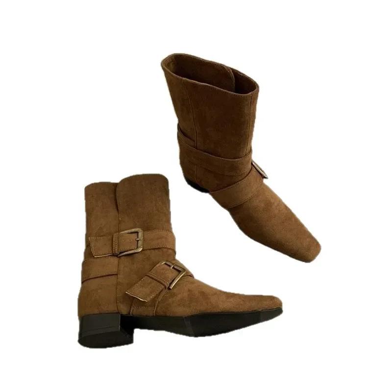 Retro French Style Short Boots Women'S Western Square Head Design Korean Version  Small Mass Market Suede Mid-Calf Boots