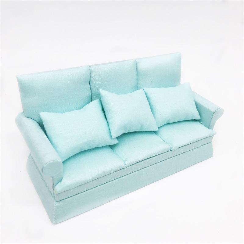 1:12 Miniature Three-Seat Dollhouse Sofa with Throw Pillows