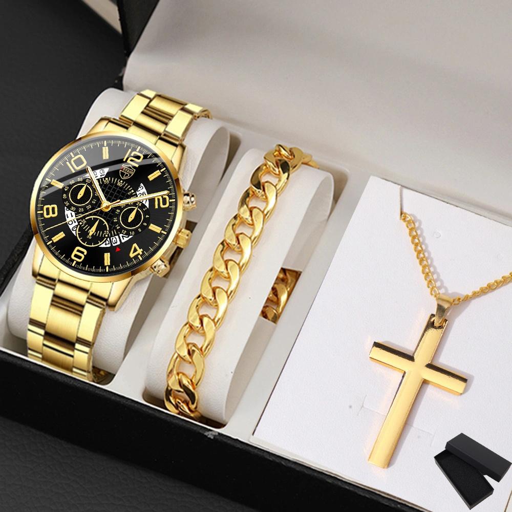 3-teiliges Set Luxus Business Herren Goldene Armbanduhr Edelstahl Datumszeiger Quarz Armbanduhr für Herren & Armband Halskette