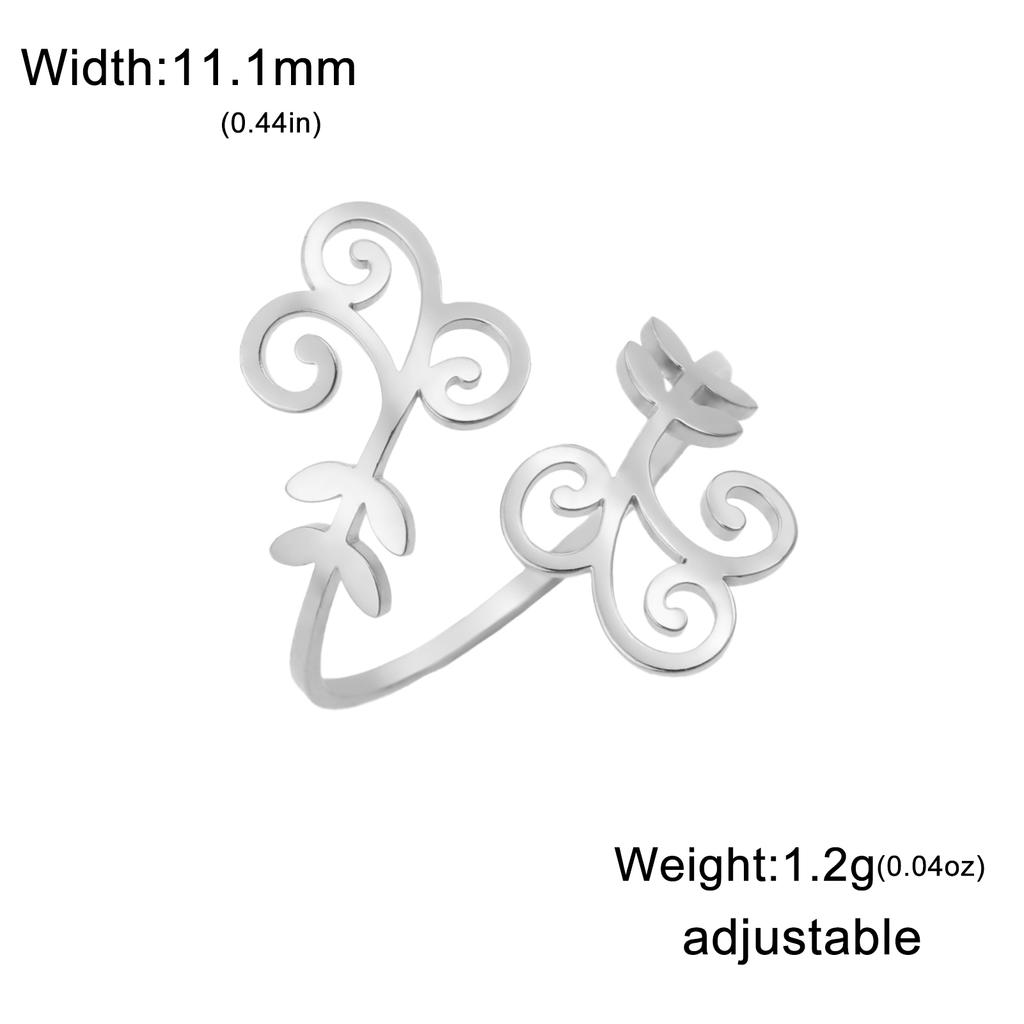Filigree Flower Leaf Open Rings Women Stainless Steel Gold Adjustable Finger Ring Elegant Bohemian Jewelry Gift