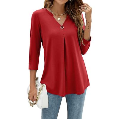 Autumn Winter Top 3/4 Sleeve Solid V-Neck Button Fold T-shirt for Women