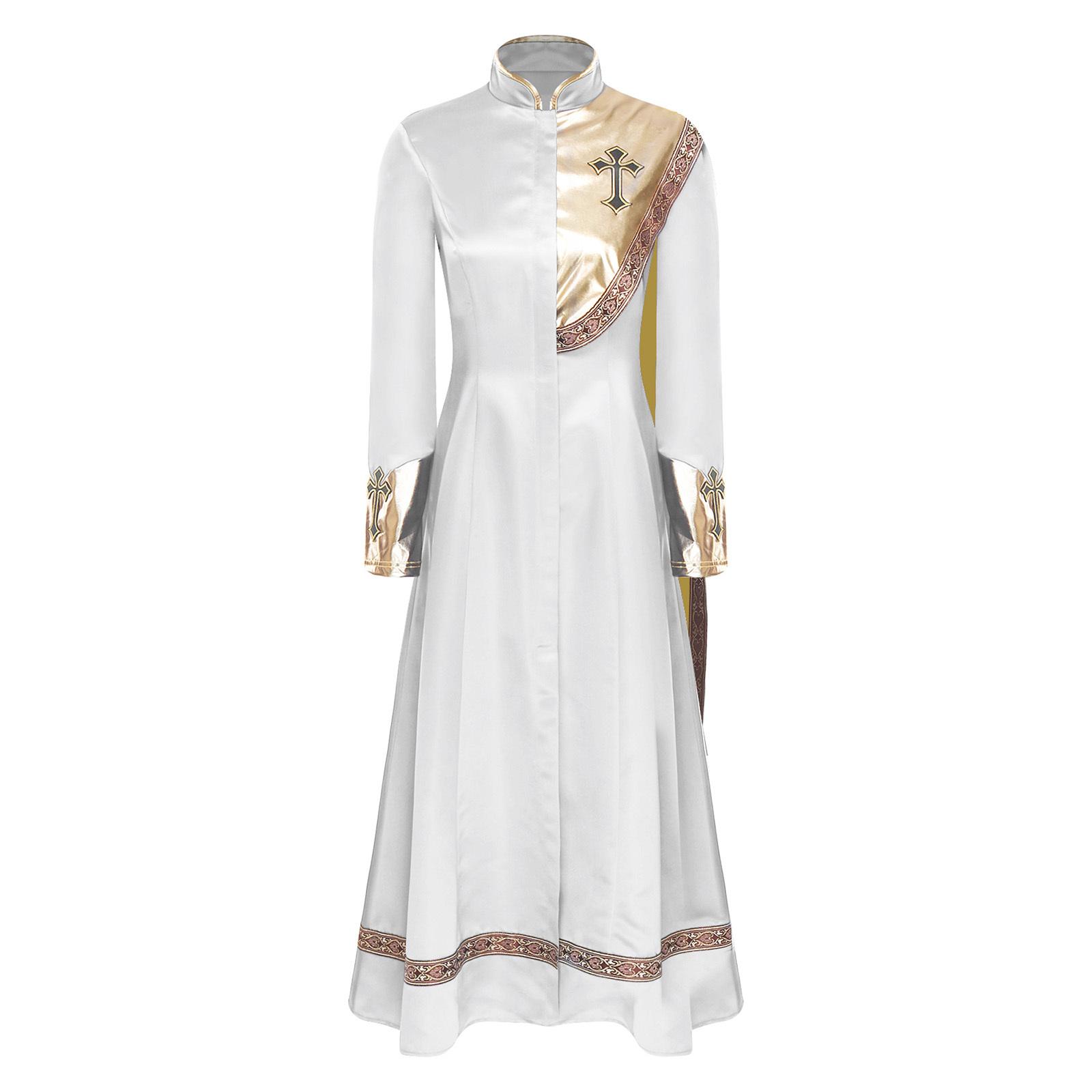 

Womens Halloween Priest Cosplay Long Robe One Shoulder Drape Front Zipper Metallic Shiny Cassock XL білий
