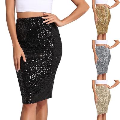 Women's Sequin Skirt Glittering One Word High Waist Skirt  Party Knee Length Skirt Women's Sequin Pencil Skirt